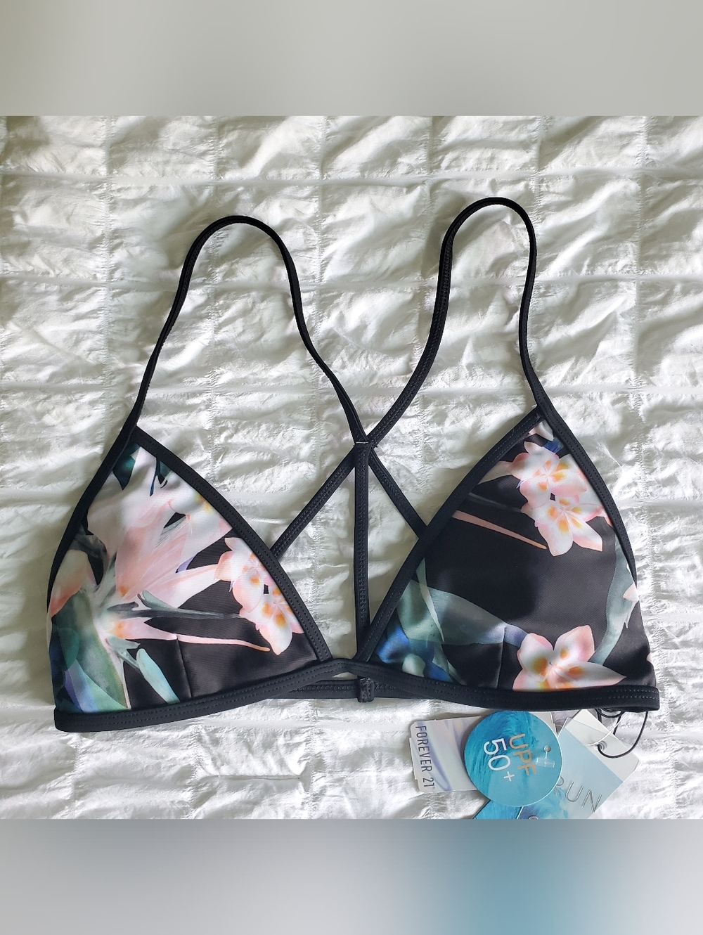 Black Triangle Bikini Top with Tropical Floral Pattern